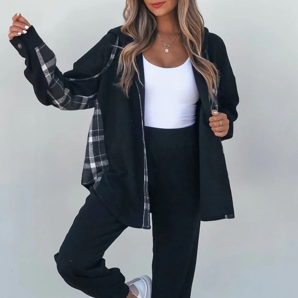 Black Plaid Flannel Hooded Shacket